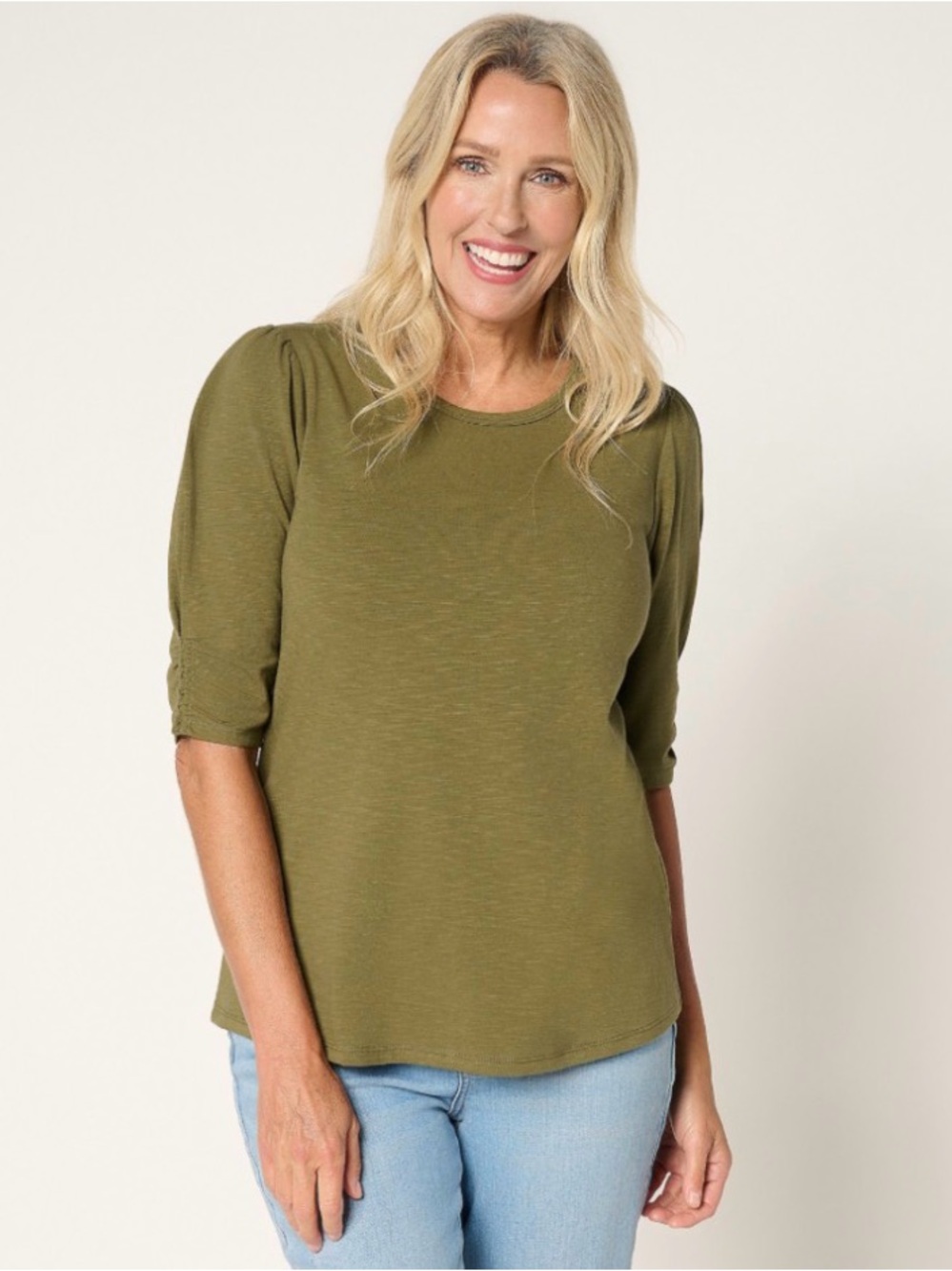 Ree by The Pioneer Woman Essentials Puff Sleeve Top Size Large Winter Moss